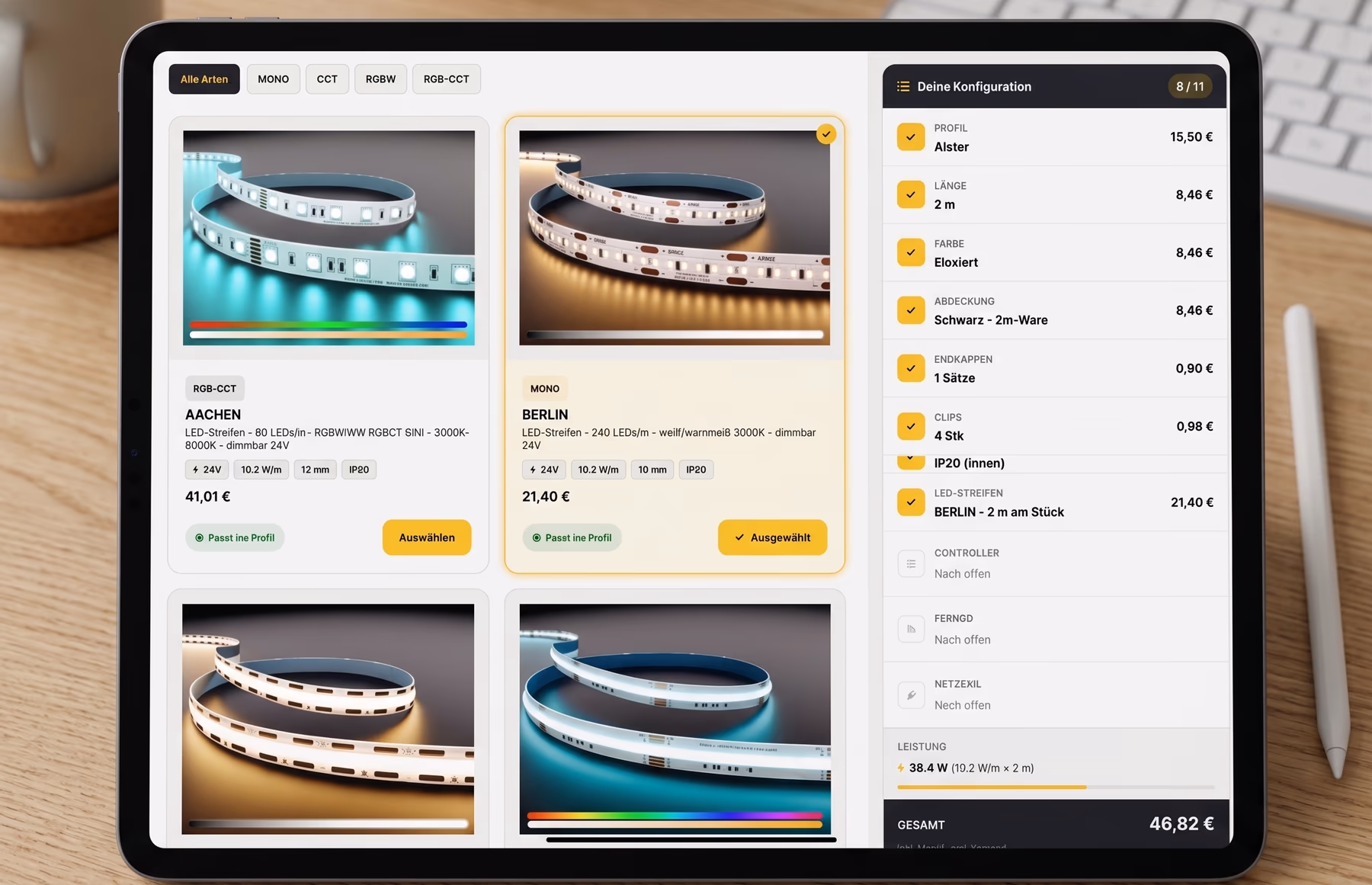 Konfigurator auf dem Tablet: Auswahl der LED-Streifen, rechts die laufende Konfiguration mit Preisen und Gesamtsumme.
