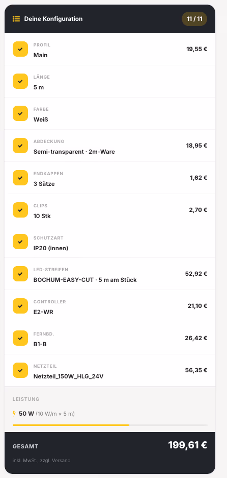 Die Übersicht „Deine Konfiguration“ im Konfigurator: elf Positionen mit Preis, die berechnete Leistung und die Gesamtsumme.