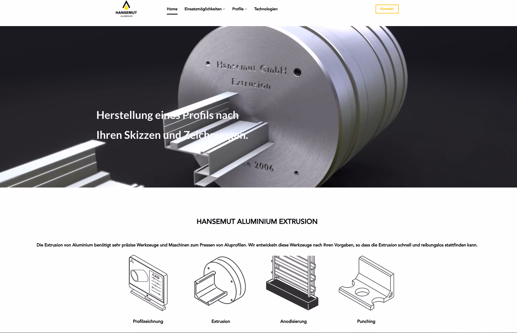 Startseite von hansemut.de: Werkzeugscheiben und Aluminium-Profile auf dunklem Grund, darüber der Satz „Herstellung eines Profils nach Ihren Skizzen und Zeichnungen“.