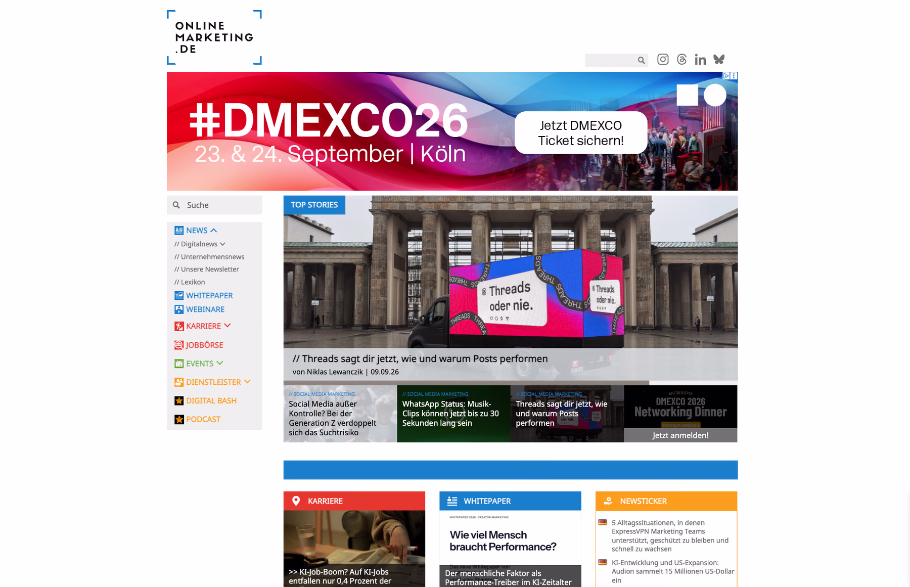 Startseite von onlinemarketing.de: Logo oben links, DMEXCO-Banner, linke Navigation mit den Ressorts und rechts die Top Stories mit Bild.